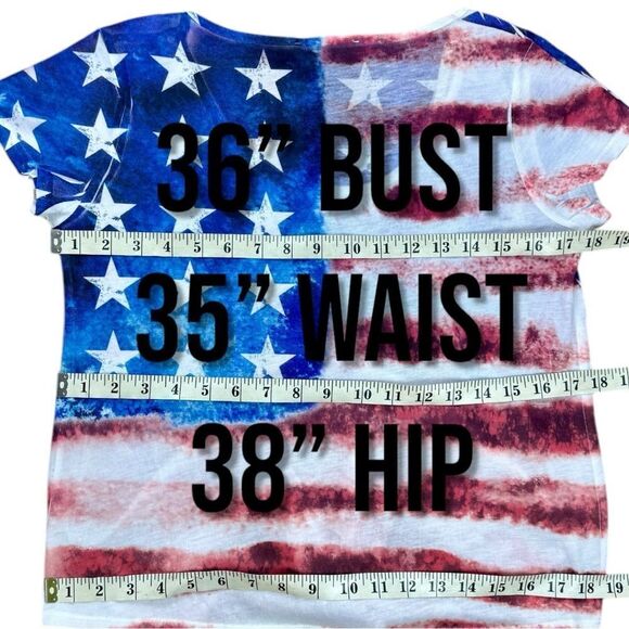 NWOT Moa Moa Women’s Patriotic American Flag Red White and Blue Tie T-shirt Sz L - Picture 5 of 7